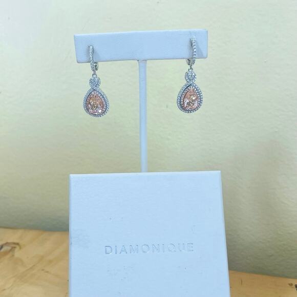 Diamonique Sterling Earrings Simulated Morganite Dangle Drop Silver - Picture 3 of 11
